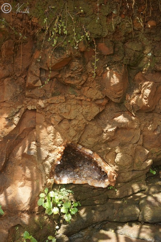 geöffnete Druse mit Amethystkristallen in einer Felswand
